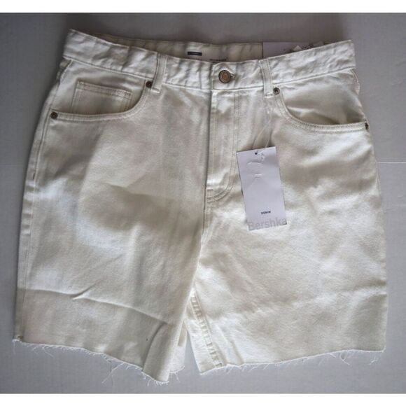 Bershka Women's Sz 40 US 8 White High Waisted Raw Hem Longline Denim Shorts - Picture 1 of 8